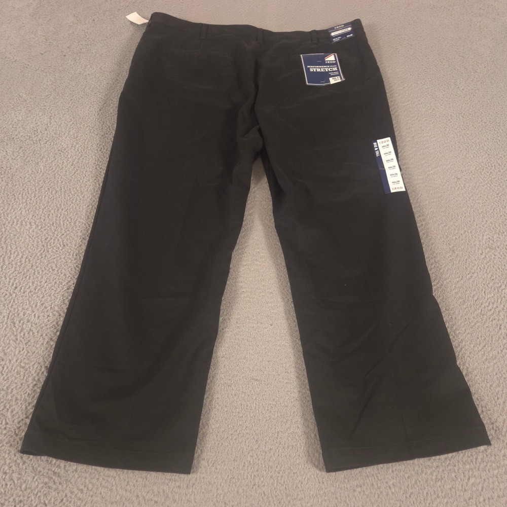 IZOD Pants Mens 44x30 Black Performance Plus Stretch Flat Front Chino Slacks NEW